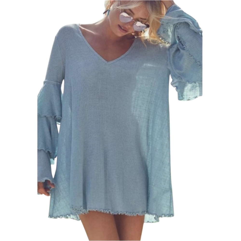 Free People Seashore Bell Sleeves Tunic Dress Bohemian Gypsy Whimsical Oversize - Picture 1 of 14